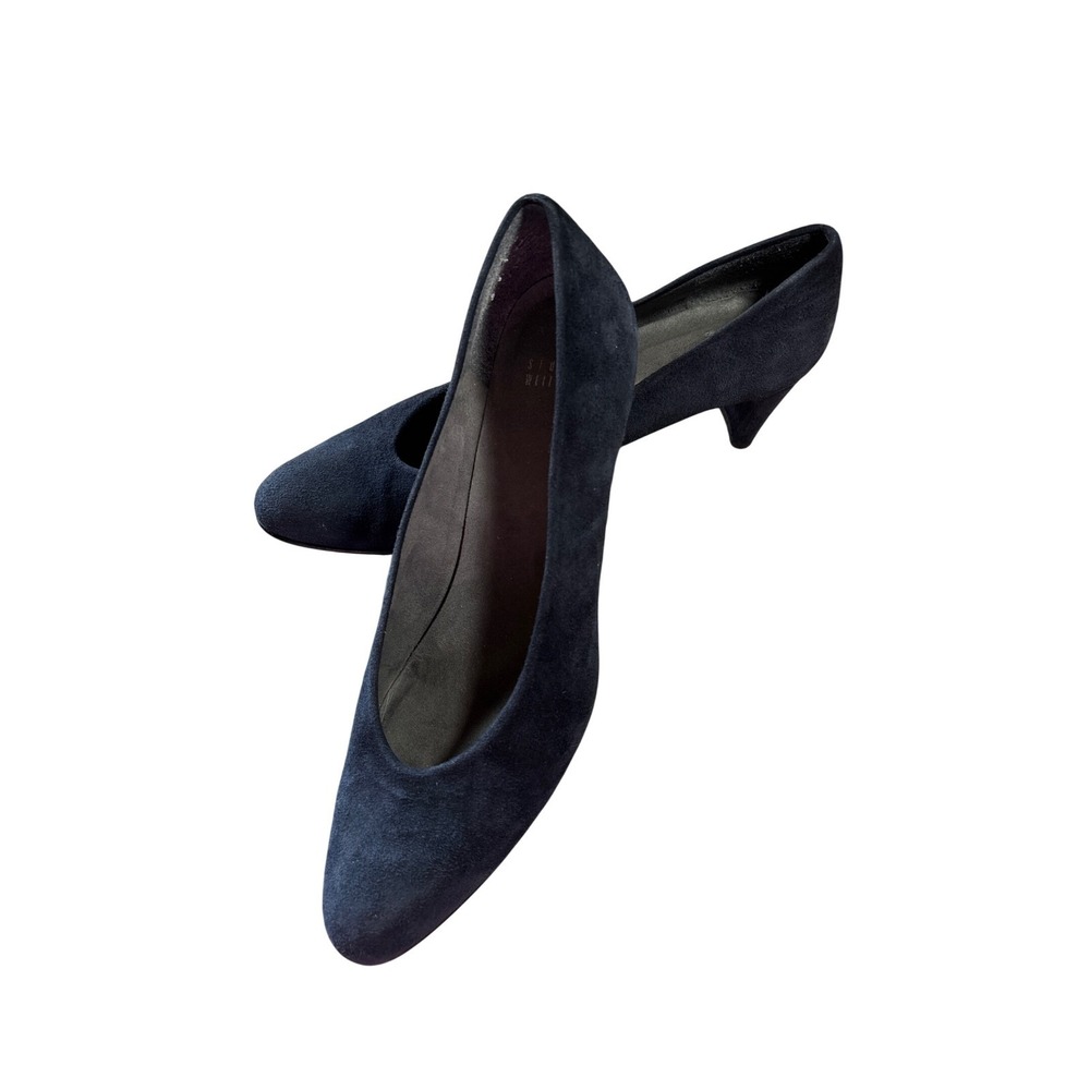 Stuart Weitzman 10/11 Narrow Navy Blue Suede Round Toe Kitten Heel Pumps Spain